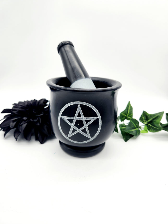3-4" Black Soapstone Pentacle Mortar & Pestle