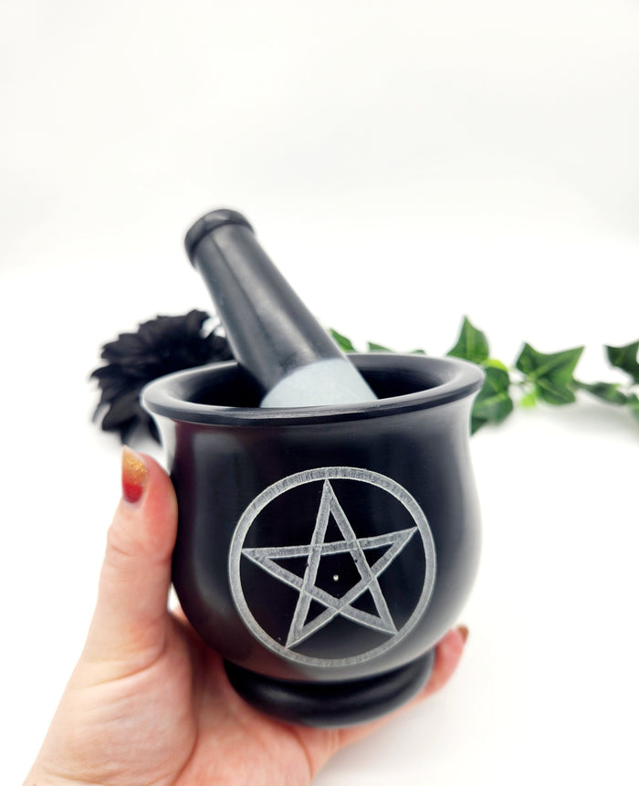 3-4" Black Soapstone Pentacle Mortar & Pestle