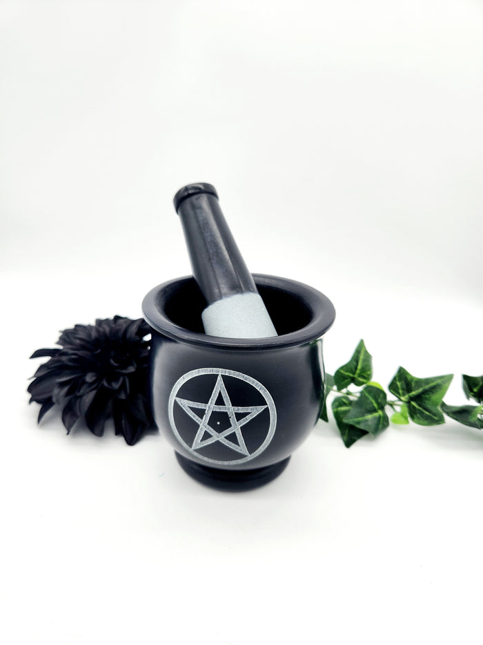 3-4" Black Soapstone Pentacle Mortar & Pestle