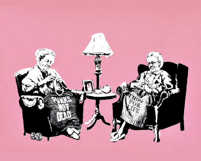 Banksy Two Grannies Knitting. Banksy wall art, Banksy canvas art, backs artist, banksy prints, banksy artworks, banksy work, banksy reproduction, banksy canvas art, street art on canvas, banksy original wall art