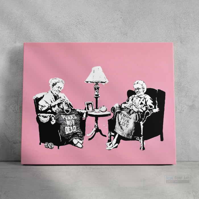 Banksy Two Grannies Knitting. Banksy wall art, Banksy canvas art, backs artist, banksy prints, banksy artworks, banksy work, banksy reproduction, banksy canvas art, street art on canvas, banksy original wall art