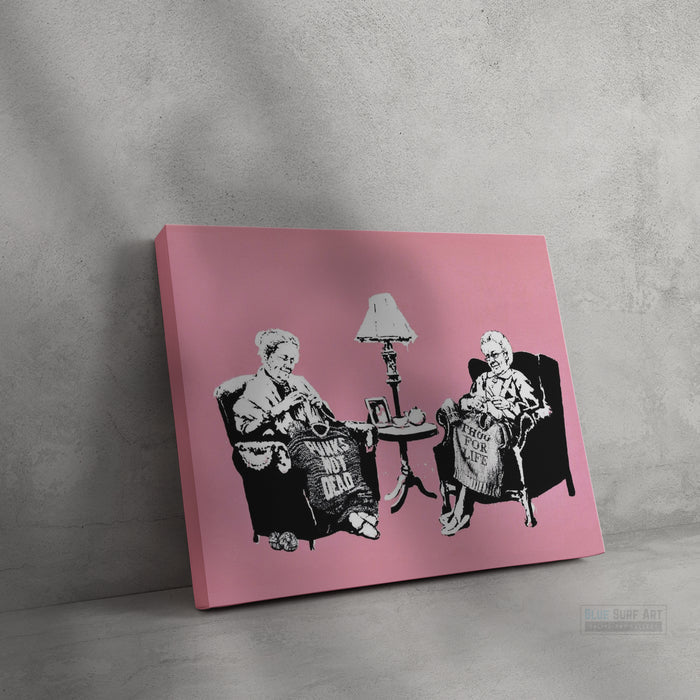 Banksy Two Grannies Knitting. Banksy wall art, Banksy canvas art, backs artist, banksy prints, banksy artworks, banksy work, banksy reproduction, banksy canvas art, street art on canvas, banksy original wall art -2