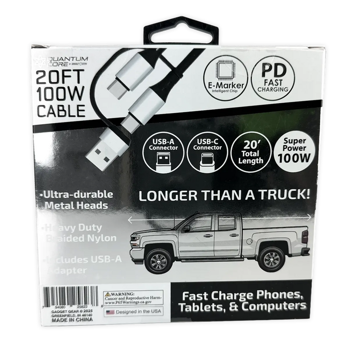 Charging Cable Quick Switch 2 in 1 Multi-Head USB to USB-C 20FT 100W - 6 Pieces Per Retail Ready Display 25823 - NOVELTY INC WHOLESALE