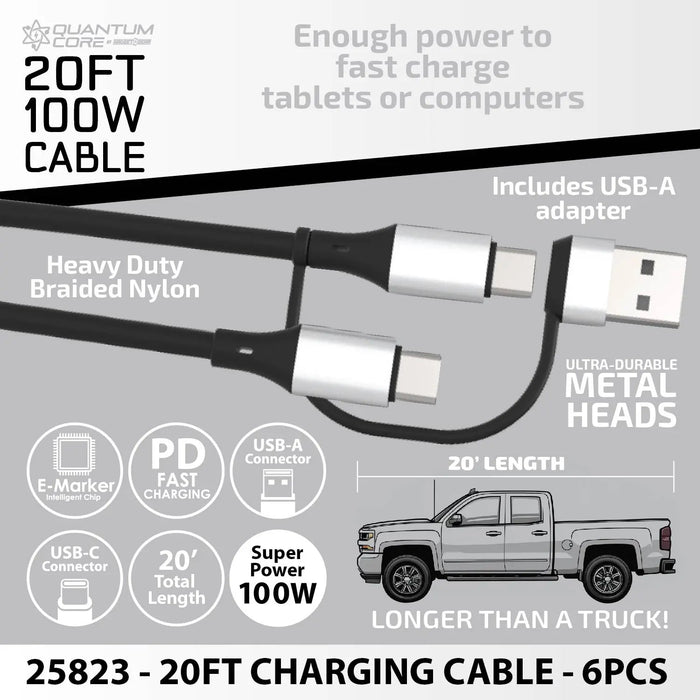 Charging Cable Quick Switch 2 in 1 Multi-Head USB to USB-C 20FT 100W - 6 Pieces Per Retail Ready Display 25823 - NOVELTY INC WHOLESALE