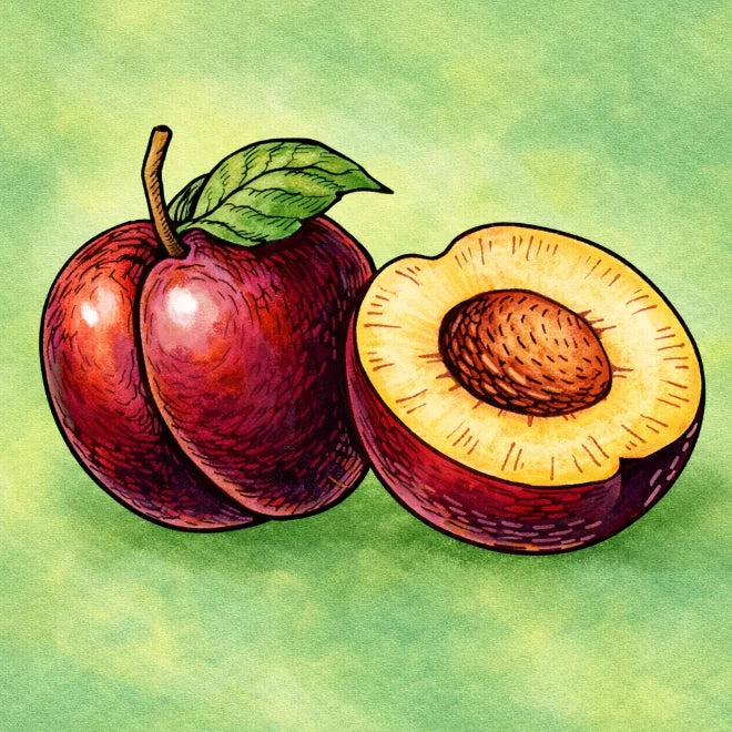 Red plum and cut fruit illustration for European Mirabelle Plum.
