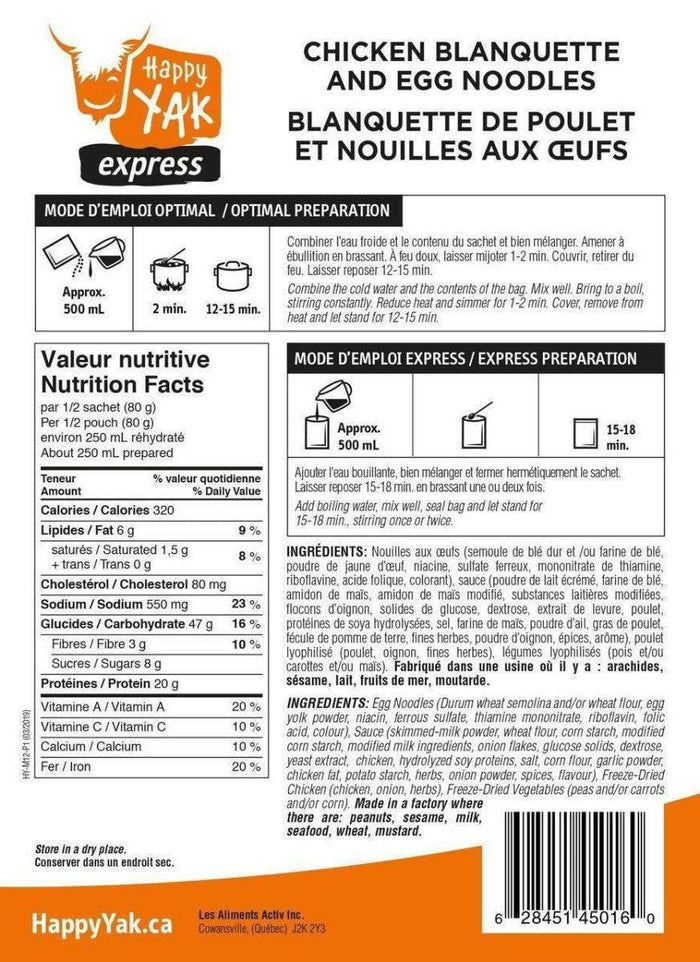 Happy Yak Blanquette of Chicken and Egg Noodles - NORTH RIVER OUTDOORS