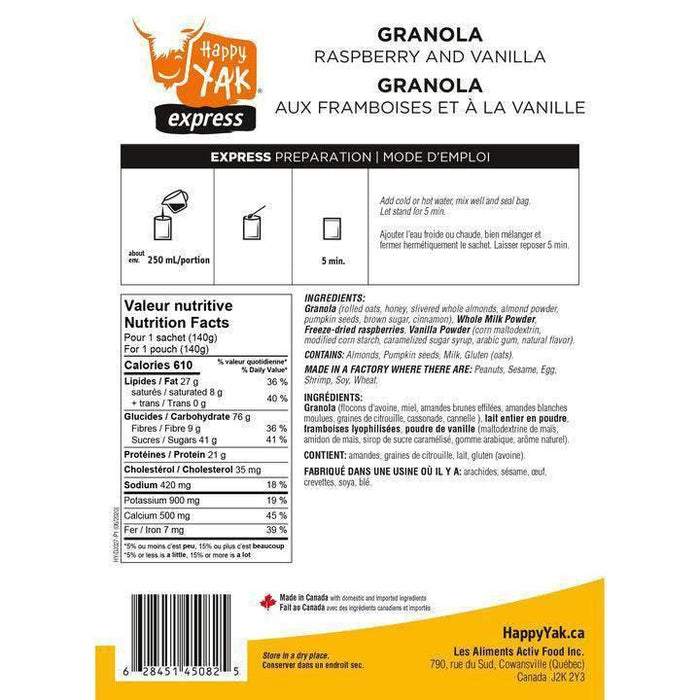 Happy Yak Granola Raspberry and Vanilla (1 Serving) - NORTH RIVER OUTDOORS