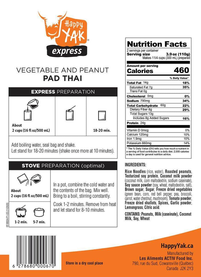 Happy Yak Vegetable and Peanut Pad Thaï (Vegetarian, Lactose Free) - NORTH RIVER OUTDOORS