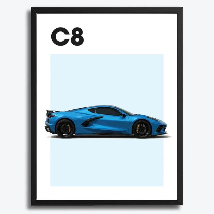 Ingelijste Poster Chevrolet Corvette C8 (A3) | Zwart, Wit of Hout