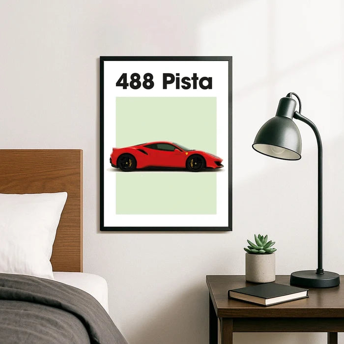 Ingelijste Poster Ferrari Pista 488 (A3) | Zwart, Wit of Hout
