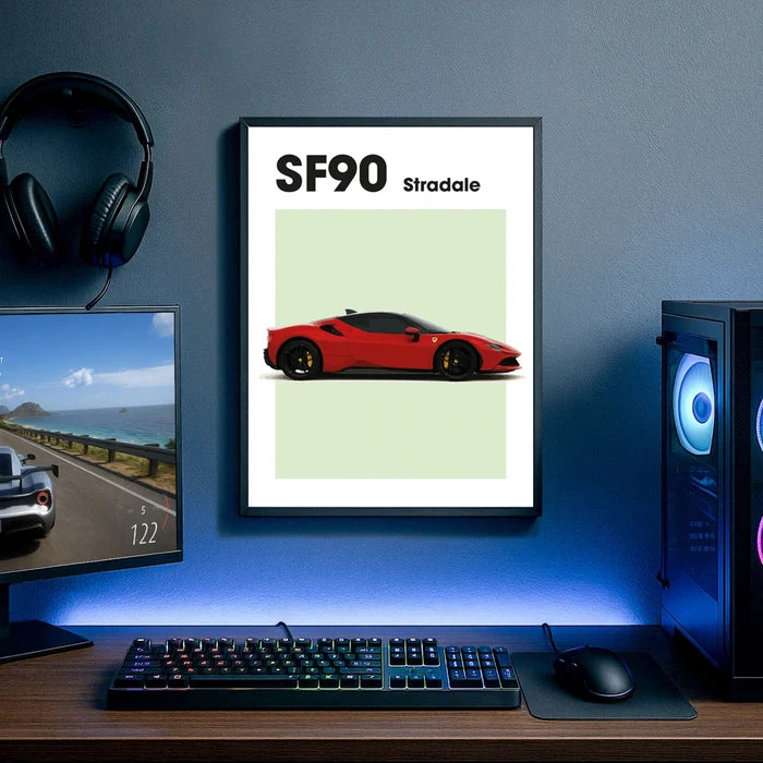 Ingelijste Poster Ferrari SF90 (A3) | Zwart, Wit of Hout