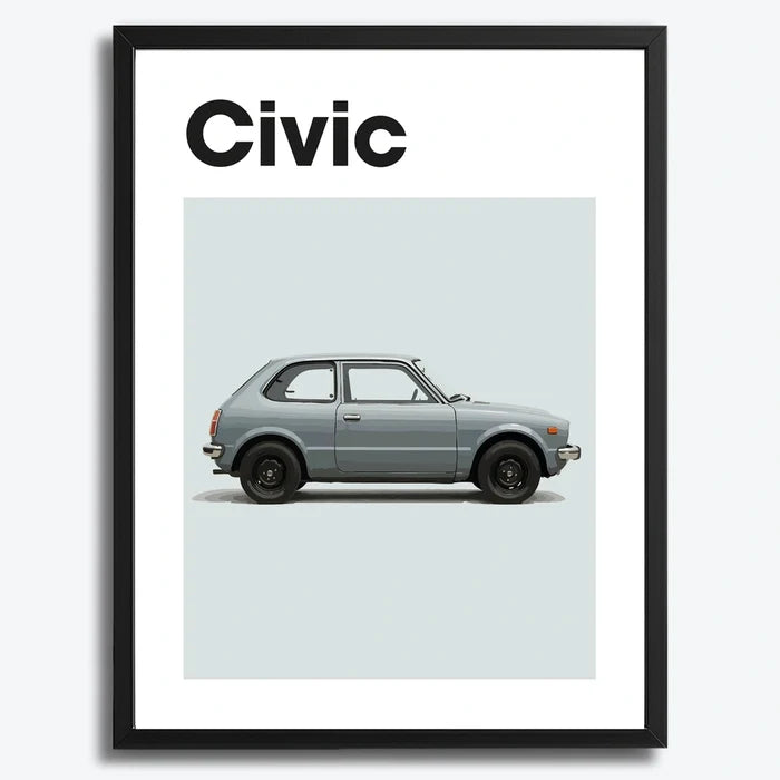 Ingelijste Poster Honda Civic Eerste Generatie (A3) | Zwart, Wit of Hout