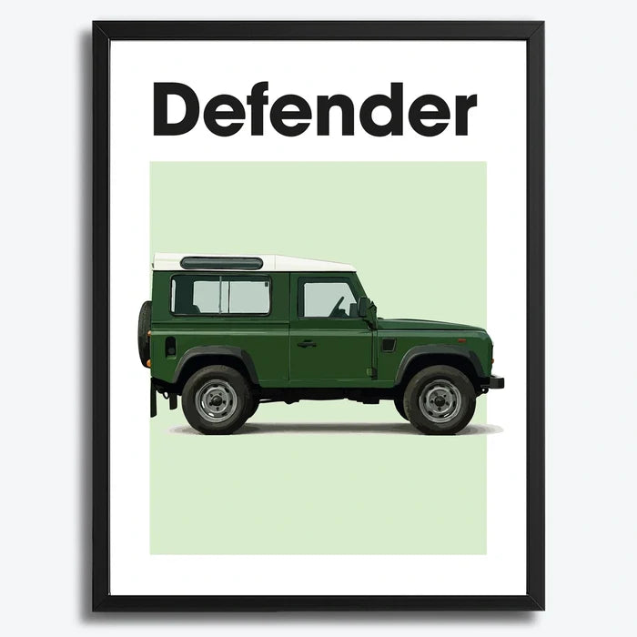 Ingelijste Poster Land Rover Defender Classic (A3) | Zwart, Wit of Hout