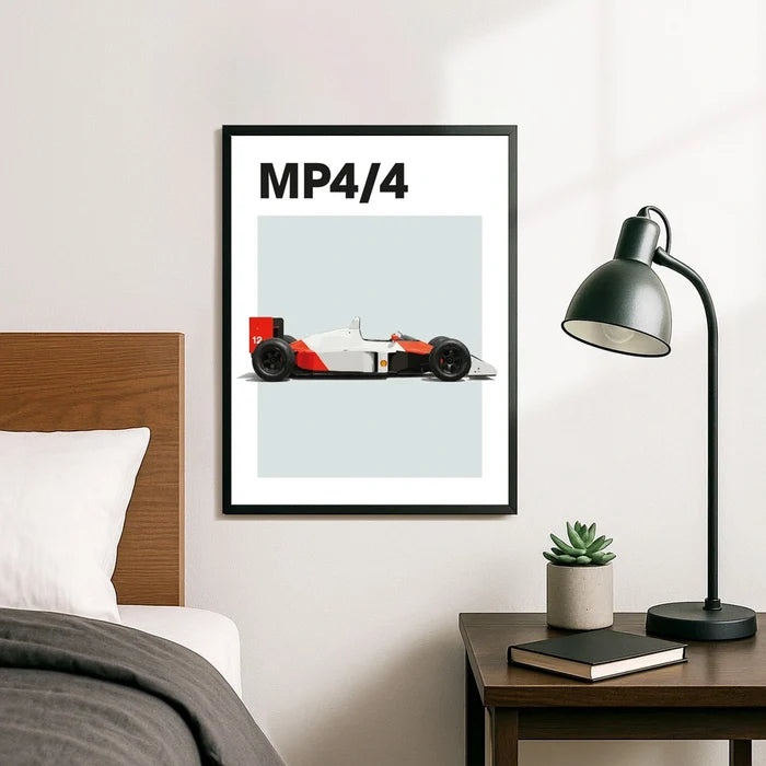 Ingelijste Poster McLaren Senna MP4/4 F1 (A3) | Zwart, Wit of Hout