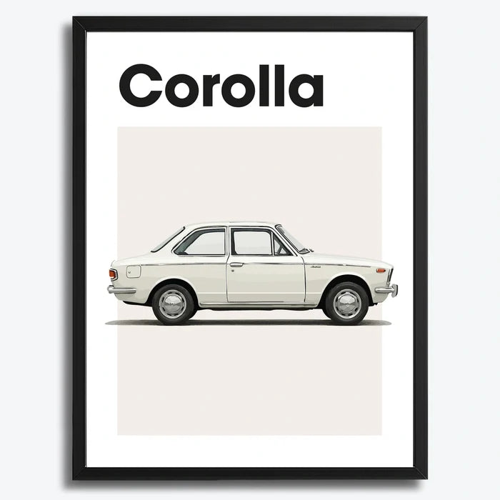Ingelijste Poster Toyota Corolla E10 (A3) | Zwart, Wit of Hout