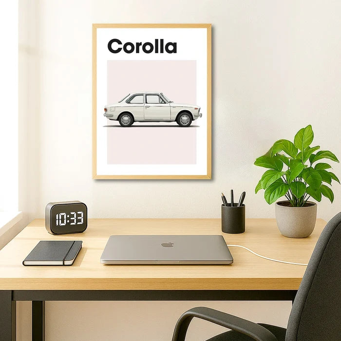 Ingelijste Poster Toyota Corolla E10 (A3) | Zwart, Wit of Hout