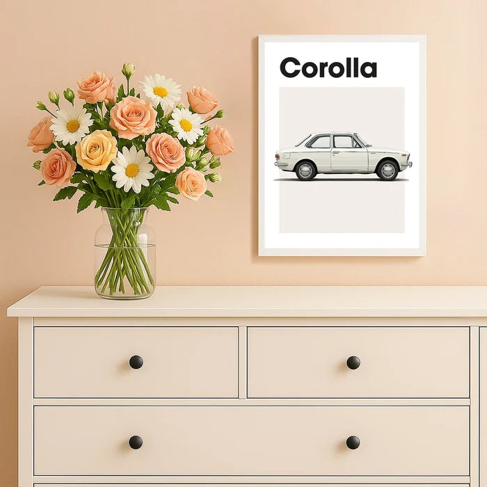Ingelijste Poster Toyota Corolla E10 (A3) | Zwart, Wit of Hout