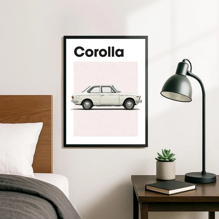 Ingelijste Poster Toyota Corolla E10 (A3) | Zwart, Wit of Hout