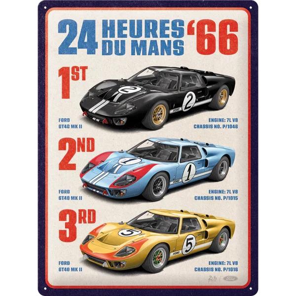 Metalen wandbord 24h Le Mans 1966 Ford GT40 Winners 30x40cm | Nostalgic-Art