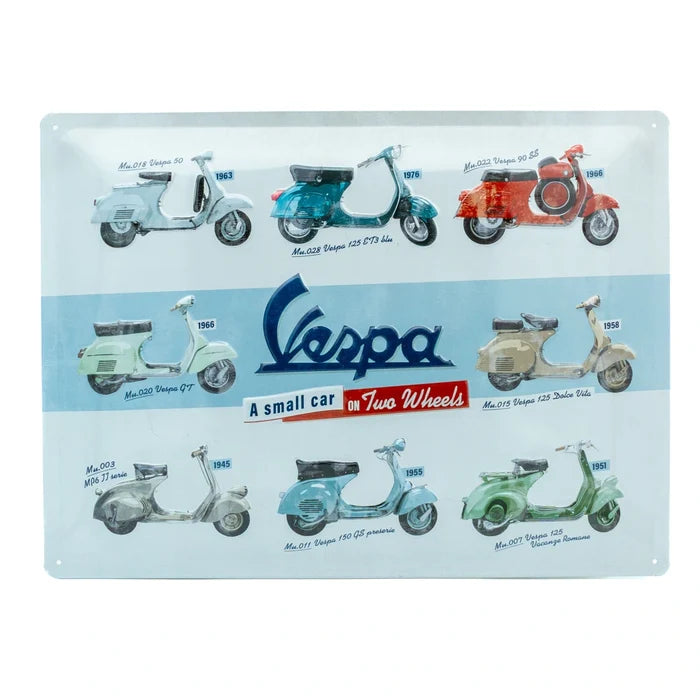Metalen wandbord Vespa A Small Car On Two Wheels 30x40cm | Nostalgic-Art