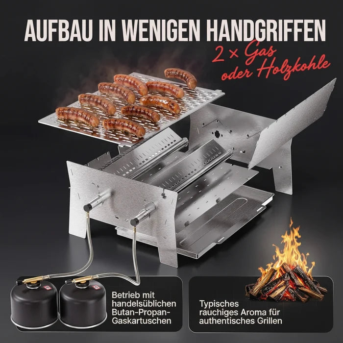 OVICUE Grill XL | Mobiler Hybrid Gas- & Holzkohlegrill aus Edelstahl
