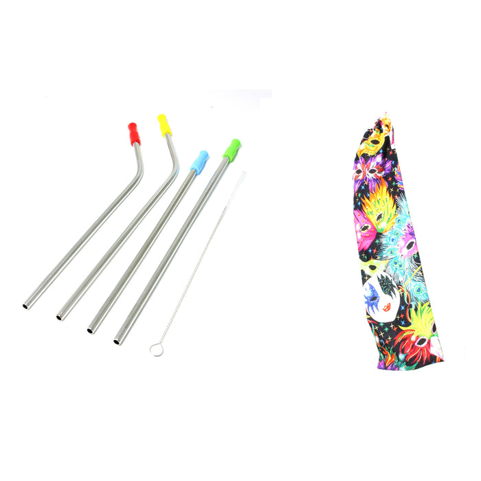 Reusable Stainless Steel Straws, w/Mardi Gras Mask fabric Bag & Brush