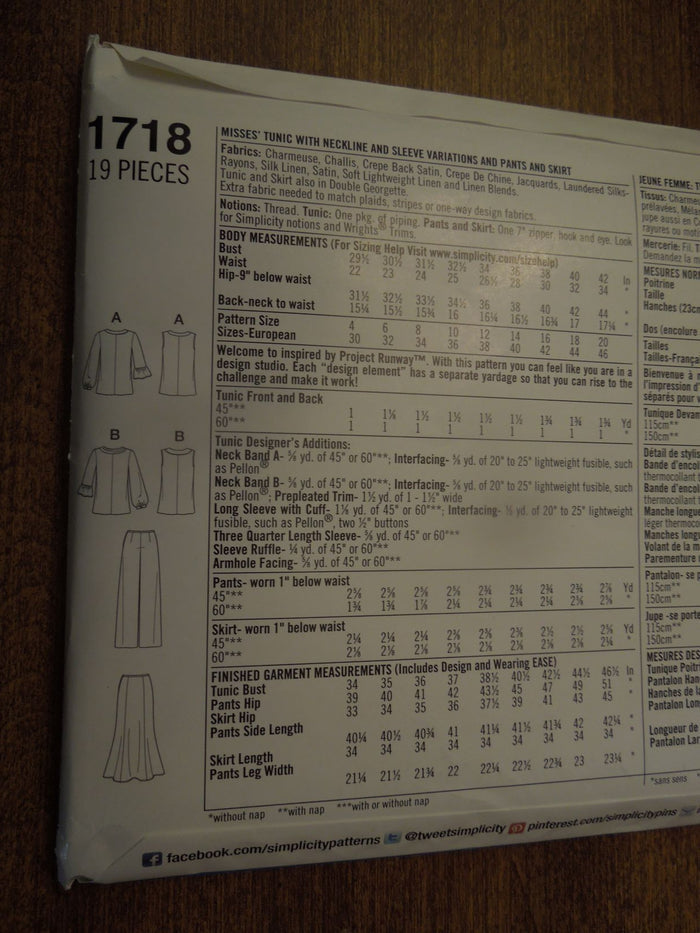 Simplicity 1718, Misses ,Separates, Uncut Sewing Pattern
