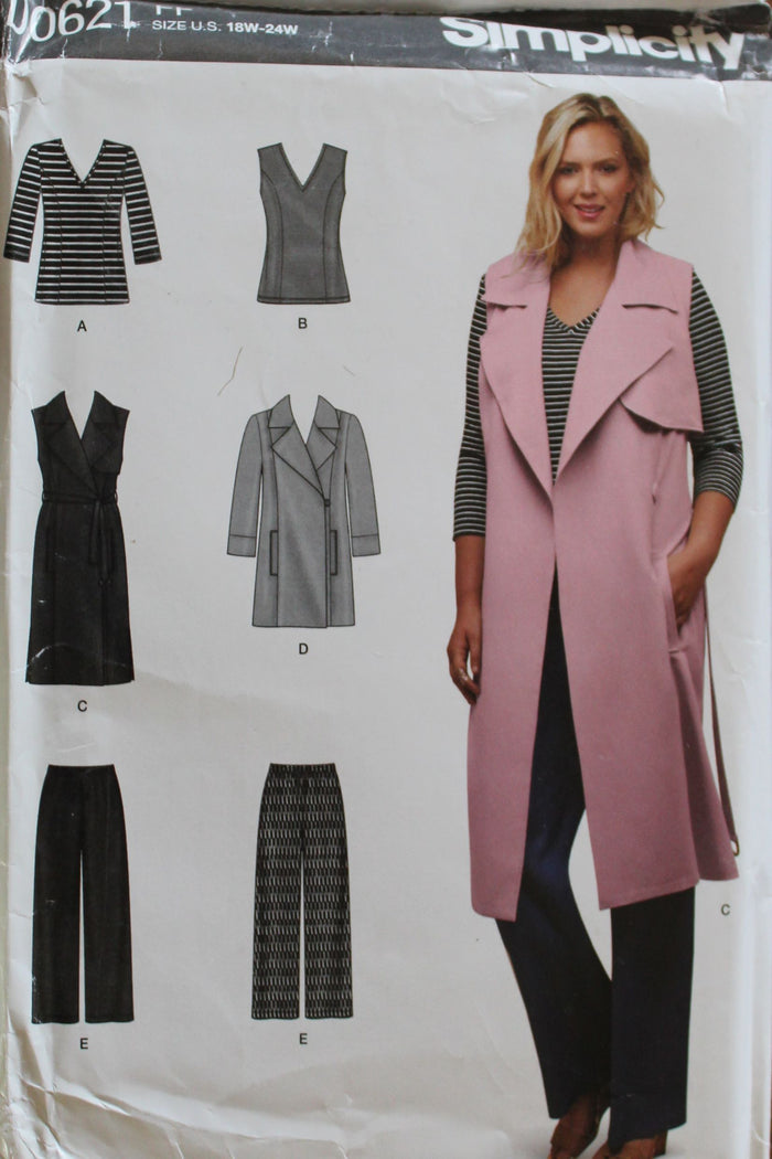 Simplicity D0621, Womens Top, Coat, Vest, Pants, Plus Sizes, Uncut Sewing Pattern