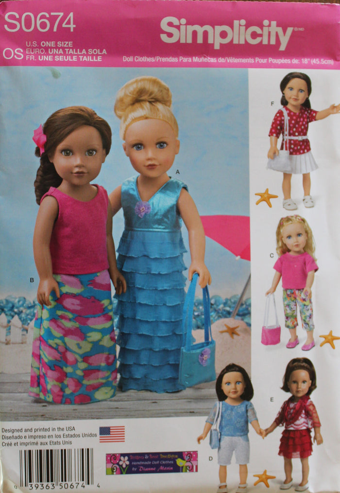 Simplicity S0674, Doll Clothing, Crafts, Uncut Sewing Pattern