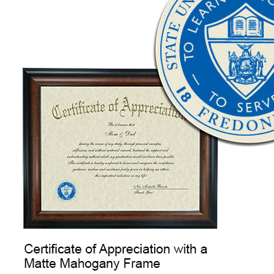 State University of New York at Fredonia Certificate with Frame